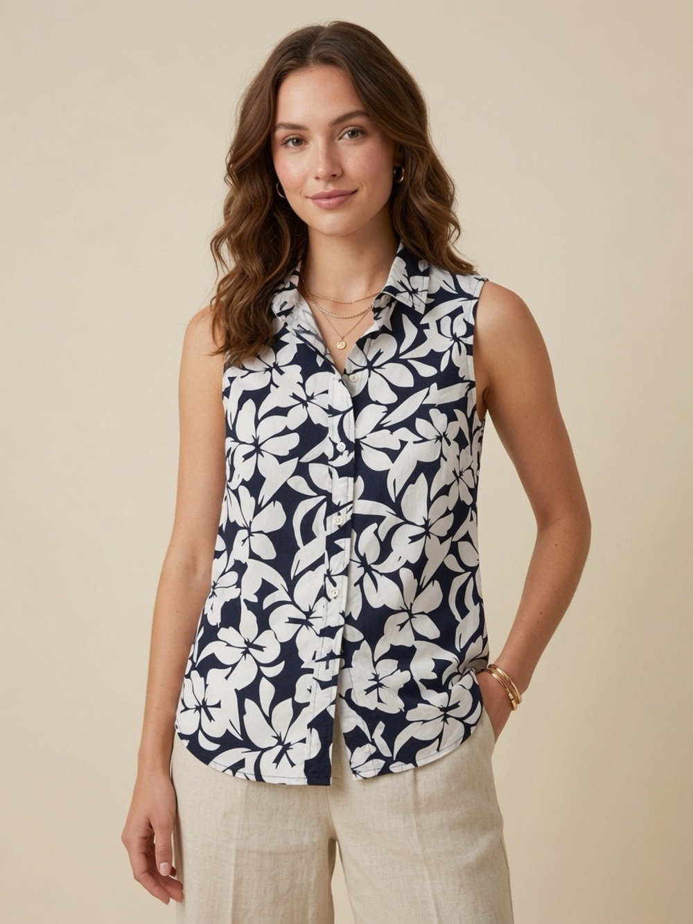 J.Crew Navy White Floral Print Sleeveless Button Down Shirt Size XXS